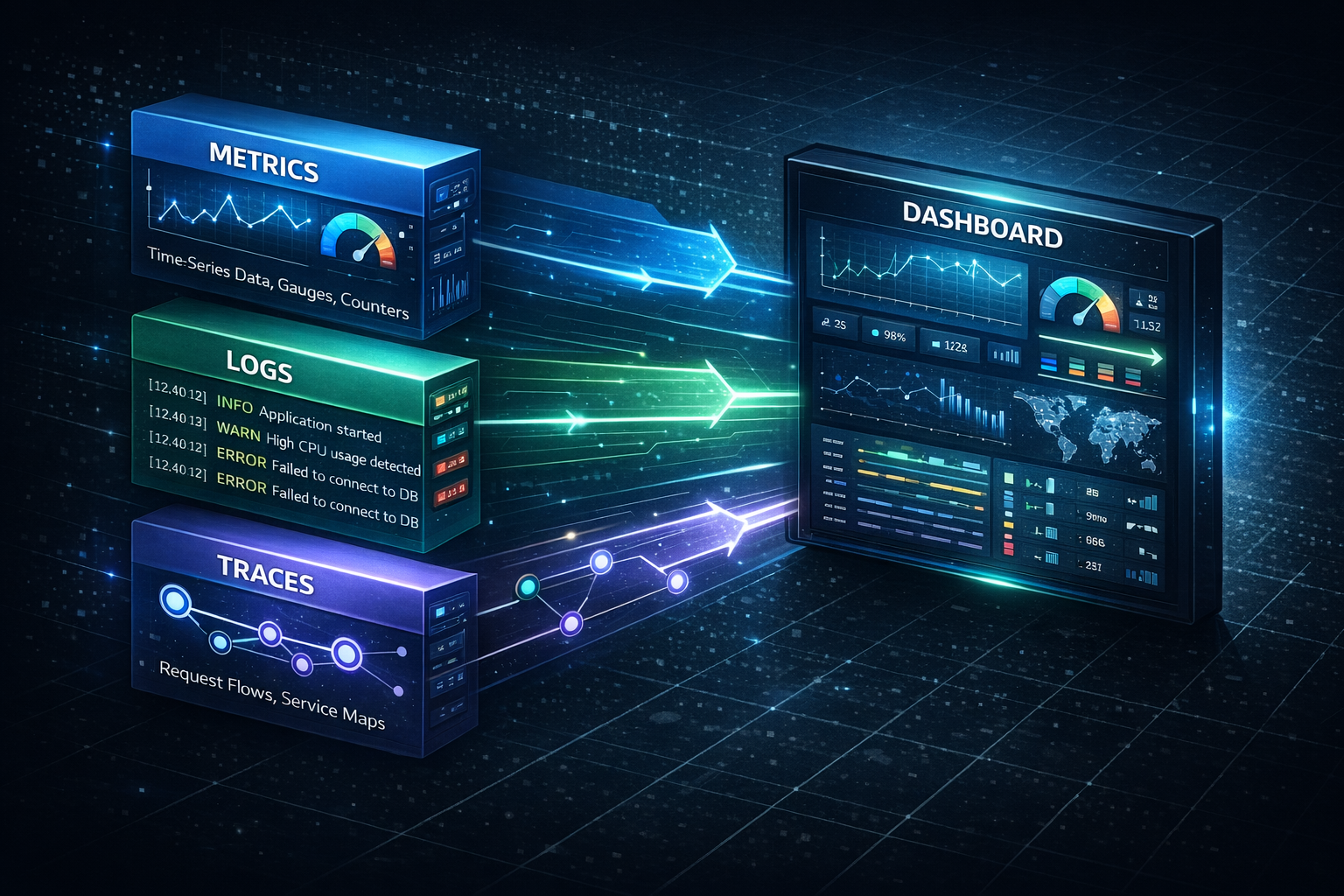 Observability stack - metrics, logs, traces visualization with tool examples