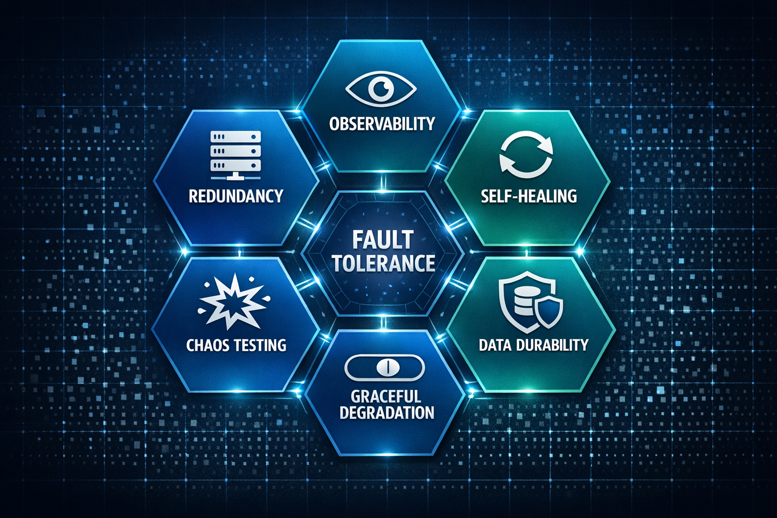 Six Pillars of Fault Tolerance - hexagon diagram showing interconnected pillars